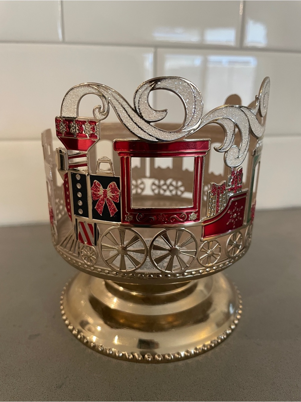 Bath & Body Works Silver and Red Holiday Train Candle Holder